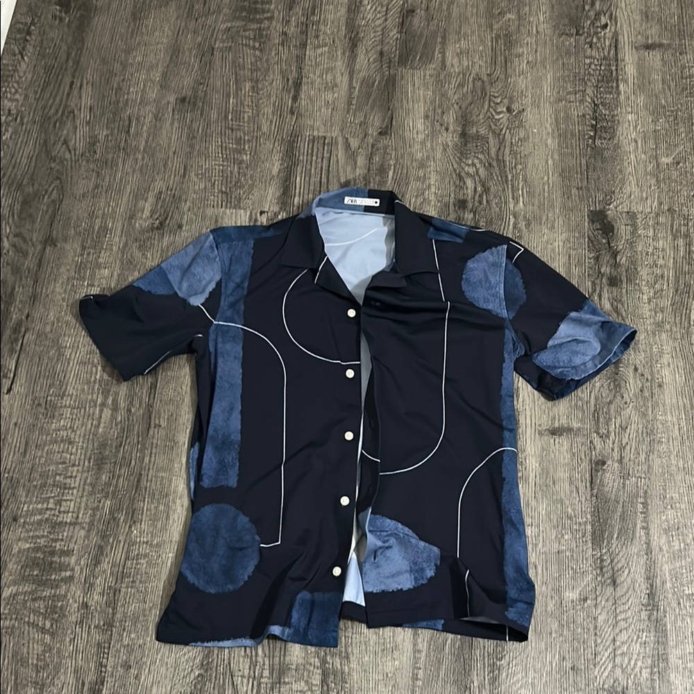 Navy and Blue Geometric Button-Up Shirt